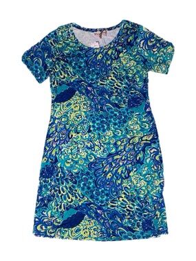 Philosophy Aqua Peacock Print Midi Dress A Line Short Sleeve Womens L Blue Green